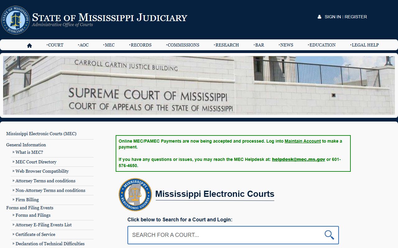 Carroll County court records after jail arrest Mississippi Electronic Courts page